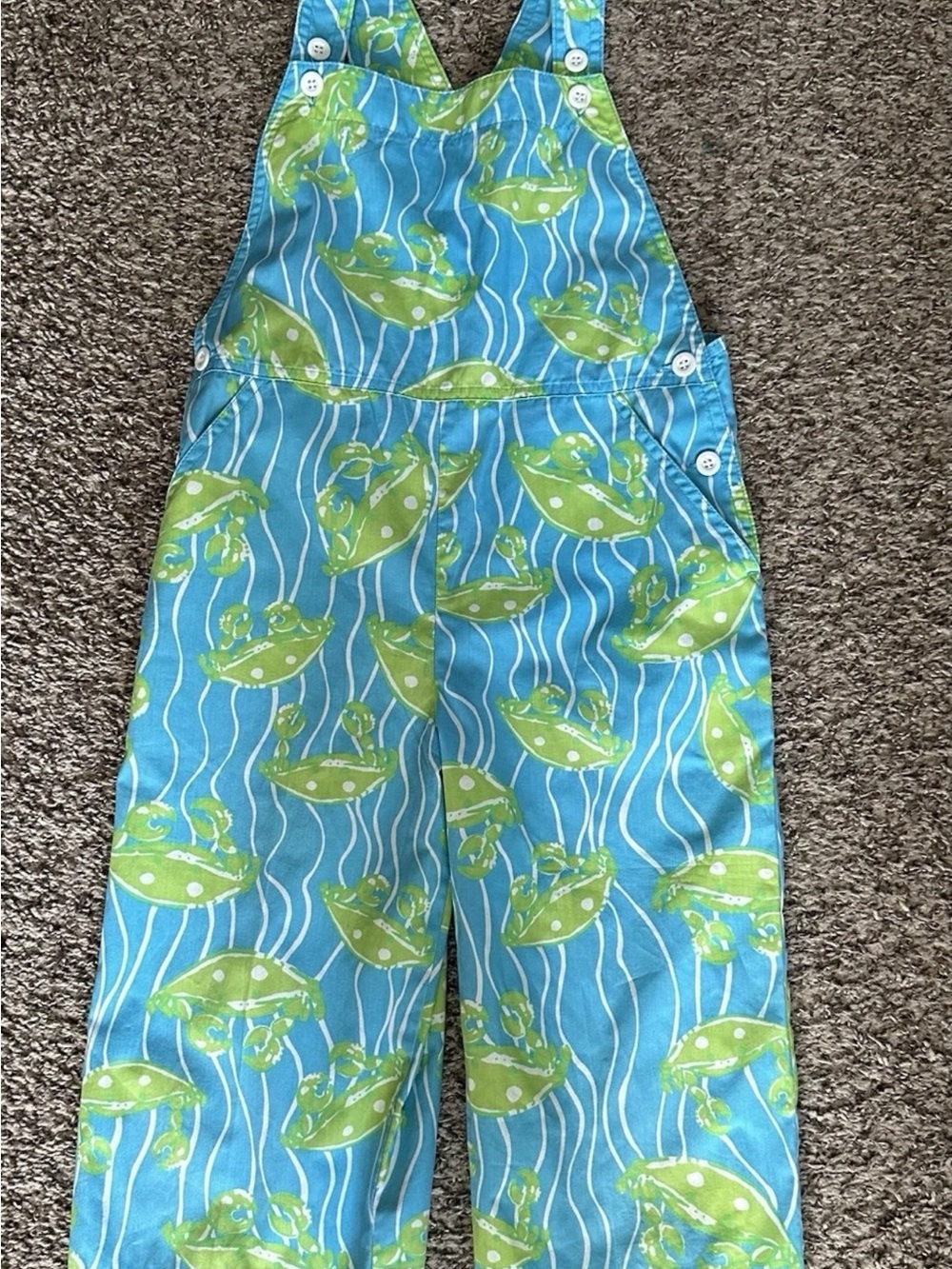 Kelly's Kids Blue Overalls with Green Crab Print